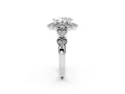 Oval Vintage Scalloped Milgrain Halo Engagement Ring Setting | Heart Pavé Band | White Gold