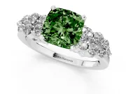 Fancy Green Cushion Cut Diamond Cluster Engagement Ring Set in White gold with Pavé Band and Prong Setting