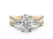 Three-Stone Oval Cut Diamond Twist Band Ring Set in Yellow gold with Pavé Accents and Prong Setting