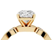 Cushion Cut Diamond Solitaire Engagement Ring Set in Yellow gold with Milgrain Bezel Accent Band