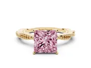 Fancy Pink Princess Cut Diamond Solitaire Ring Set in Yellow gold with Twisted Band and Bead Prong Setting