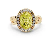 Fancy Yellow Oval Cut Diamond Halo Ring Set in Yellow gold with Scrollwork Band and Prong Setting