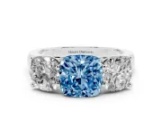 Cushion Cut Three Stone Engagement Ring Setting for a Fancy Blue Lab-Grown Diamond | Basket Prong Heads | White Gold