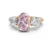 Oval Three Stone Engagement Ring Setting for a Fancy Pink Lab-Grown Diamond | Tapered Pave Band | Yellow Gold