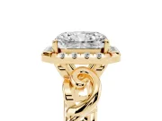 Radiant Cut Diamond Halo Ring Set in Yellow gold with Scrollwork Band and Prong Setting