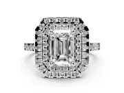 Emerald Cut Diamond Double Halo Statement Ring Set in Platinum with Pavé Band