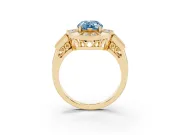Fancy Blue Pear Cut Diamond Milgrain Halo Ring Set in Yellow gold with Split Shank
