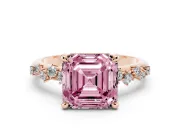 Fancy Pink Asscher Cut Diamond Solitaire Vine Band Ring Set in Rose gold with Round Accents and Prong Setting