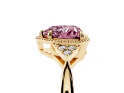 Fancy Pink Heart Cut Diamond Milgrain Solitaire Ring Set in Yellow gold with Tapered Pavé Band and Prong Setting