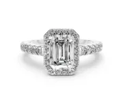 Emerald Cut Diamond Halo Engagement Ring Set in White gold with Pavé Band and Prong Setting