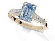 Emerald Cut Tapered Baguette Engagement Ring Setting for a Fancy Blue Lab-Grown Diamond | Bar Set Sides | Yellow Gold