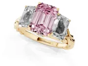 Fancy Pink Emerald Cut Diamond Three-Stone Ring Set in Yellow gold with Braided Band