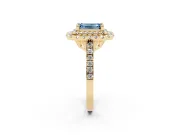 Fancy Blue Emerald Cut Diamond Double Halo Statement Ring Set in Yellow gold with Pavé Band