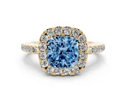 Cushion Cut Pave Halo Engagement Ring Setting for a Fancy Blue Lab-Grown Diamond | Pave Band | Yellow Gold