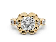 Cushion Cut Floral Engagement Ring Setting | Petal Frame and Side Stones | Yellow Gold