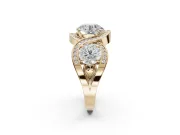 Round Three Stone Halo Engagement Ring Setting | Pavé Wave Band | Yellow Gold