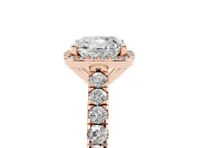 Cushion Cut Diamond Halo Engagement Ring Set in Rose gold with Pavé Band and Prong Setting