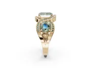 Radiant Cut Three Stone Halo Engagement Ring Setting for a Fancy Green Lab-Grown Diamond | Pavé Wave Band | Yellow Gold