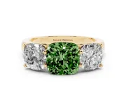 Cushion Cut Three Stone Engagement Ring Setting for a Fancy Green Lab-Grown Diamond | Basket Prong Heads | Yellow Gold