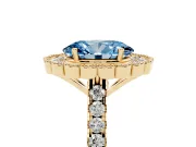 Fancy Blue Oval Cut Diamond Milgrain Floral Halo Engagement Ring Set in Yellow gold with Pavé Band