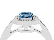 Fancy Blue Emerald Cut Diamond Halo Pavé Engagement Ring Set in White gold with Bezel Setting