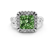 Fancy Green Princess Cut Diamond Halo Ring Set in Platinum with Scrollwork Band and Prong Setting