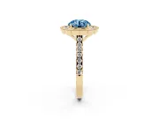 Fancy Blue Round Cut Diamond Milgrain Floral Halo Engagement Ring Set in Yellow gold with Pavé Band