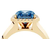 Fancy Blue Asscher Cut Diamond Halo Ring Set in Yellow gold with Cathedral Band and Prong Setting