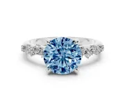 Fancy Blue Round Cut Diamond Solitaire Vine Band Ring Set in Silver with Round Accents and Prong Setting