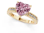 Fancy Pink Heart Cut Diamond Solitaire Ring Set in Yellow gold with Slim Pavé Band and Prong Setting