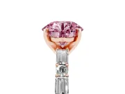 Fancy Pink Round Cut Diamond Solitaire Set in Rose gold with Side Baguettes and Channel Set Band