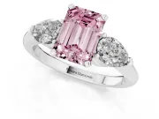 Fancy Pink Three-Stone Emerald Cut Diamond Ring Set in Silver with Pear Side Stones and Prong Setting