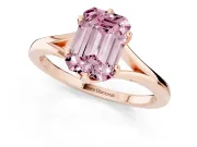 Fancy Pink Emerald Cut Diamond Solitaire Ring Set in Rose gold with Polished Tapered Band and Prong Setting