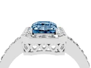 Fancy Blue Emerald Cut Diamond Halo Ring Set in White gold with Pavé-Setting Band and Open Prong Center