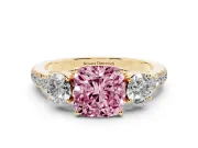 Cushion Cut Engagement Ring Setting for a Fancy Pink Lab-Grown Diamond | Three Stone | Yellow Gold