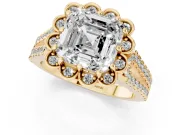 Asscher Cut Petal Frame Floral Halo Engagement Ring Setting | Pavé Split Shank | Yellow Gold