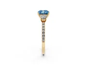 Cushion Cut Three Stone Engagement Ring Setting for a Fancy Blue Lab-Grown Diamond | Pave Shoulders | Yellow Gold