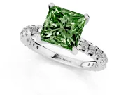 Fancy Green Princess Cut Diamond Pavé Solitaire Ring Set in Platinum with Round Band and Prong Setting