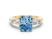 Radiant Cut Three Stone Engagement Ring Setting for a Fancy Blue Lab-Grown Diamond | Tapered Baguettes | Yellow Gold