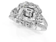 Asscher Cut Diamond Halo Split Shank Engagement Ring Set in White gold with Prong-Held Center Stone