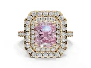 Fancy Pink Radiant Cut Lab-Grown Diamond Double Halo Statement Ring Set in Yellow Gold with Pavé Band
