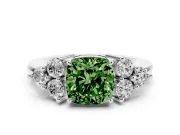 Fancy Green Cushion Cut Diamond Solitaire Ring Set in Platinum with Cluster Accents on Each Side