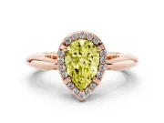 Fancy Yellow Pear Cut Diamond Halo Engagement Ring Set in Rose gold with Plain Split Shank and Prong Setting