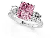 Fancy Pink Three-Stone Radiant Cut Diamond Pavé Band Ring Set in Silver with Prong-Set Trio