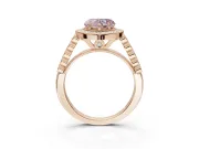 Fancy Pink Heart-Shaped Lab-Grown Diamond Milgrain Halo Solitaire Ring Set in Rose Gold with Bezel Set Side Stones and Pavé Band
