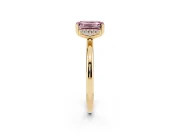 Fancy Pink Emerald Cut Diamond Solitaire Engagement Ring Set in Yellow gold with Prong Setting and Polished Band