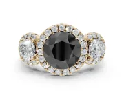 Round Three Stone Halo Engagement Ring Setting for a Black Center | Haloed Side Stones | Yellow Gold