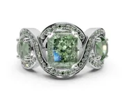 Radiant Cut Three Stone Halo Engagement Ring Setting for a Fancy Green Lab-Grown Diamond | Pavé Wave Band | White Gold
