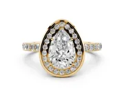 Pear Cut Diamond Halo Ring Set in Yellow gold with Bezel Frame and Pavé Band