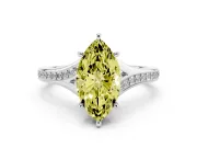 Fancy Yellow Marquise Cut Diamond Solitaire Ring Set in Platinum with Pavé Accent Band and Classic Prong Setting